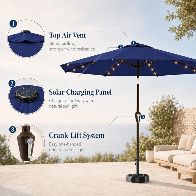 11FT Solar Patio Umbrella with Lights, Outdoor Table Market Umbrella with 32 LED Lights, 8 Sturdy Ribs, Smooth Crank Lift for Pool, Deck and Garden, UV-Resistant