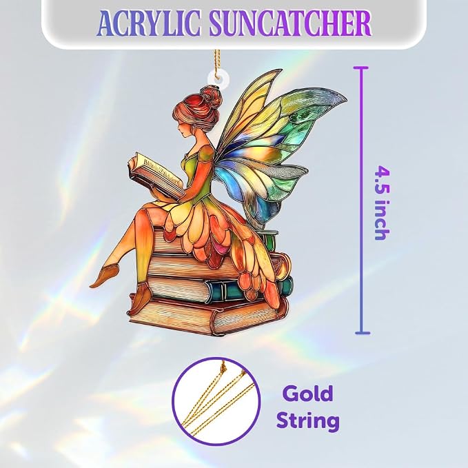 Fairy Stained Glass Style Acrylic Suncatcher, Fairy Ornament Window Hanging, Book Lover Gift for Women, Fairy Decor, Teacher & Librarian Book Club Decorations, Christmas Tree Ornament 4.5"(Sun-15)
