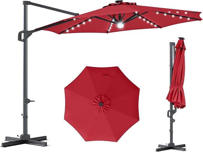 Tangkula 10ft Patio Umbrella with Solar Lights, Offset Cantilever Square Outdoor Umbrella with 35 LED Lights, Aluminum Pole, 360 Degree Rotation, Tilt Adjustment, Air Vent for Pool Deck Yard (Wine)