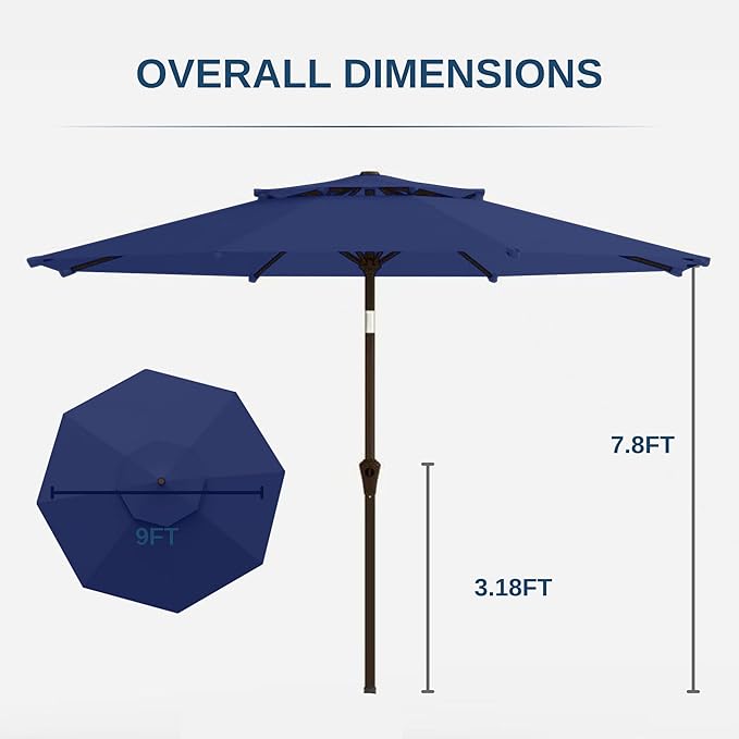 9ft 2-Tiers Patio Umbrella,Outdoor Market Table Umbrella with Push-Button Tilt & Crank | UV Protection,Suit for Backyard,Garden,Pool,Deck(Navy)