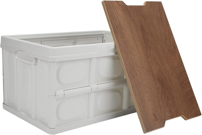 Ymiko Outdoor Storage Box, Storage Box with Wooden Panel 30L Removable Camping Box for Outdoor (White)