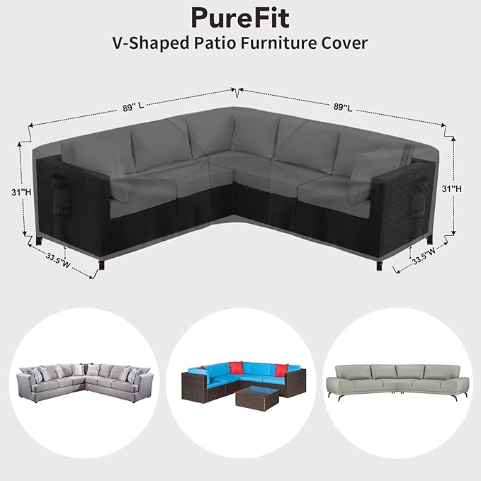 PureFit Outdoor Sectional Sofa Cover Waterproof V Shaped Patio Furniture Covers for Deck, Lawn and Backyard, 89”x89”, Black