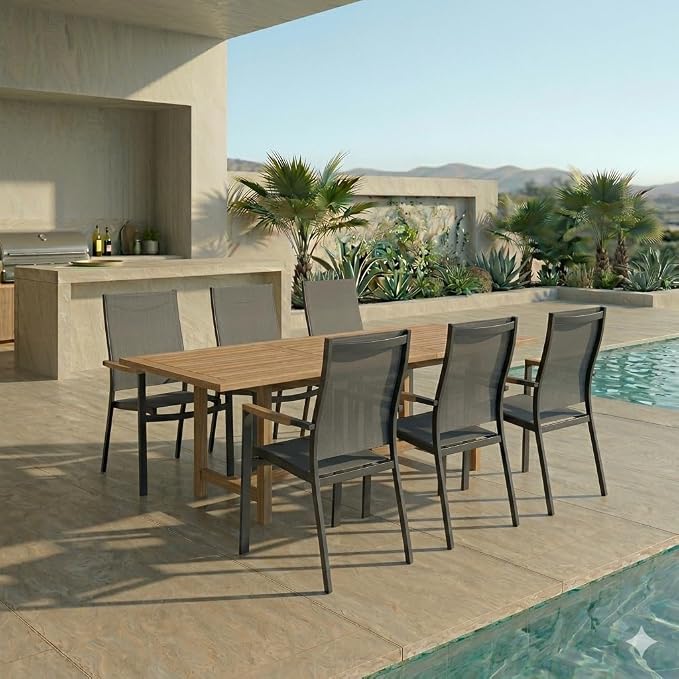 Urban Elements Mykonos 7-Piece Rectangular Patio Furniture Set | 100% Certified Teak | Backyard Furniture, Outside Table and Chairs, Rectangular Outdoor Dining Set