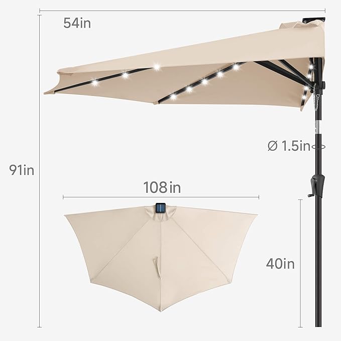 9FT Solar Half Umbrellas Outdoor - LED Half Patio Umbrella with 25 Lights, UV Protection Waterproof, Half Round Umbrella for Wall Balcony, Pool, Porch, Garden, Deck, Backyard, Beige