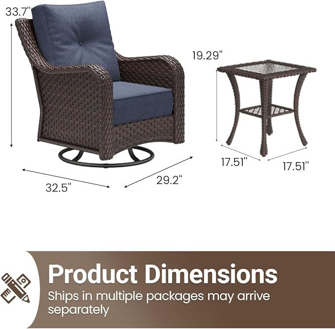 3 Pieces Outdoor Furniture Set with 6-inch Cushions, High Back Wicker Swivel Rocker Chairs with Coffee Table, Luxury Conversation Set for Deck Patio and Poolside
