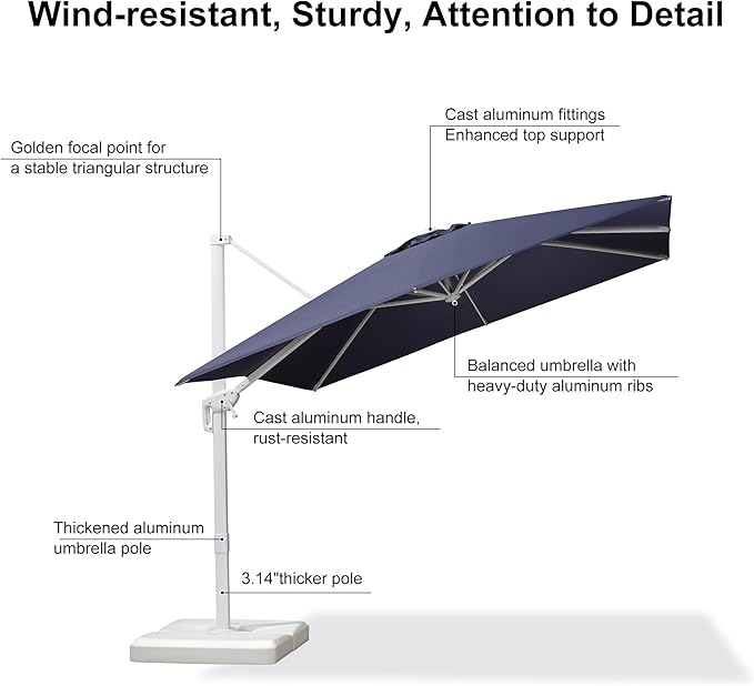 PURPLE LEAF 9 FT White Patio Umbrella Cantilever Umbrella Aluminum Square Outdoor Offset Umbrella Hanging Windproof with 360° Rotation for Garden Deck Pool, Navy Blue