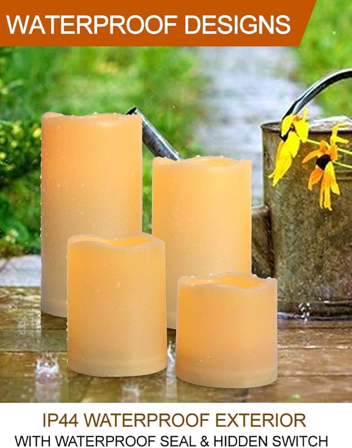 Set of 4 Outdoor Pillar Candles with Timer Waterproof - Battery Operated LED Pillar Candles with Remote 3x3 3x4 3x5 3x6 - Plastic Flickering Flameless Pillar Candles Unscented for Outside