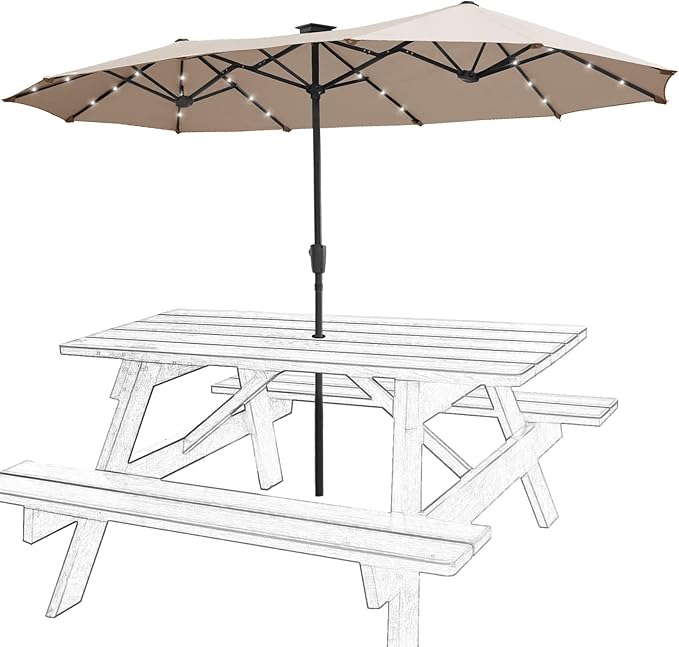 FREE SOLDIER 13ft Patio Umbrella with 36 LED Solar Lights Double Sided Outdoor Umbrella for Patio Table Umbrella with Solar lights for Garden Yard Pool (Beige)