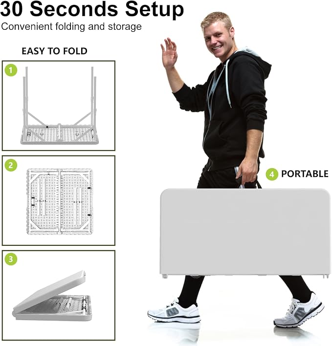 34" Folding Table, Portable Square Folding Card Table, Picnic Tables with Collapsible Legs & Carrying Handle (White, 2 Pack)