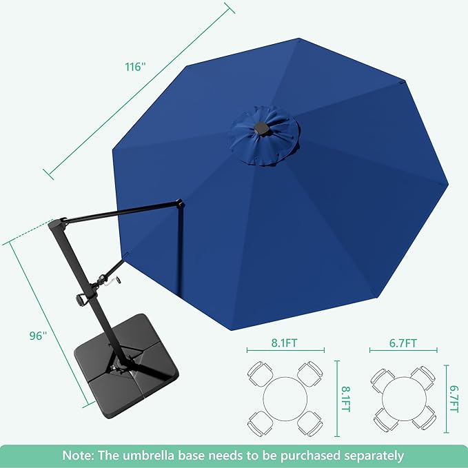 Greesum 10FT Outdoor Patio Umbrella with High Pedel and 4 Gear Heights, Large Offset Umbrella with Solar LED Lights and 360-degree Rotation, Without Base, Hanging Outdoor Shade for Garden, Deep Blue