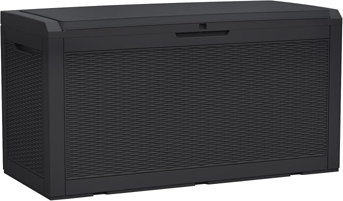 Modern-Depo 100 Gallon Deck Box Waterproof Outdoor Storage Bench | ‎Polypropylene(PP) Pool Towel Storage Bin Porch Delivery Box with Seat Cushion, Black