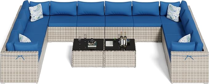 14-Piece Gray Rattan Patio Furniture Sets, Outdoor Conversation Sofa Sets with Water Resistant Blue Cushions & Tempered Glass Coffee Table, Modular Outdoor Sectional Sofa Sets with 2 Pillows