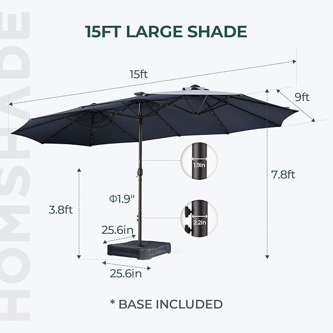 HOMSHADE Double Sided Patio Umbrellas - 15ft Solar Lights LED Lighted Outdoor Extra Large Market Table Umbrella with Base Included, Oversized Umbrella for Deck, Pool, Backyard