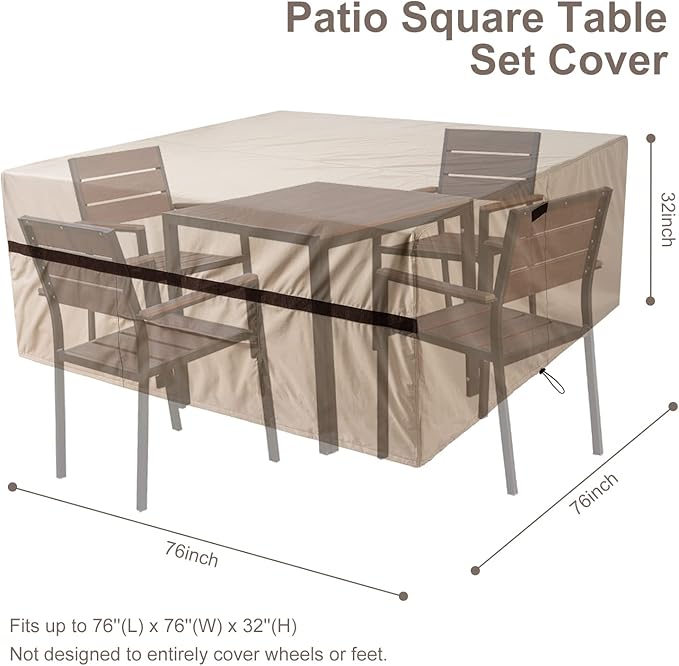 Patio Table and Chair Covers Square 76''L x 76''W x 32''H Waterproof Outside Square Furniture Covers for Table