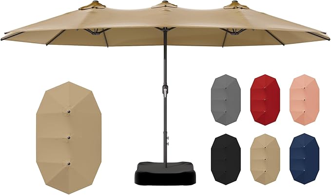 15ft Outdoor Patio Umbrella with Base Included, Double-sided Pool Umbrella with Crank Handle, Large Umbrella for Garden, Backyard (Tan)