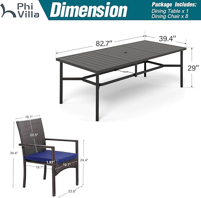 PHI VILLA 9 Pieces Outdoor Dining Set for 8, Rectangle Large Metal Iron Table with Umbrella Hole & Cushioned Wicker Chairs, Large Dining Furniture for Patio, Deck, Yard, Porch