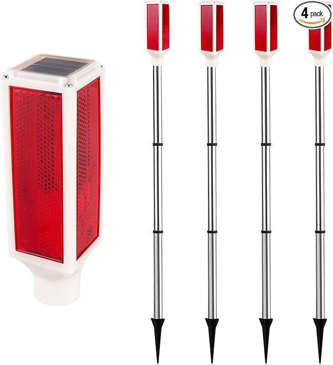Aolyty Solar Lights Outdoor, Waterproof Driveway Markers Reflective, Warning Flash Light with 2 Lighting Modes, LED Solar Light 4 Pack for Parking Lots, Yard, Sidewalk, Stop Sign, 30 Inches (Red)