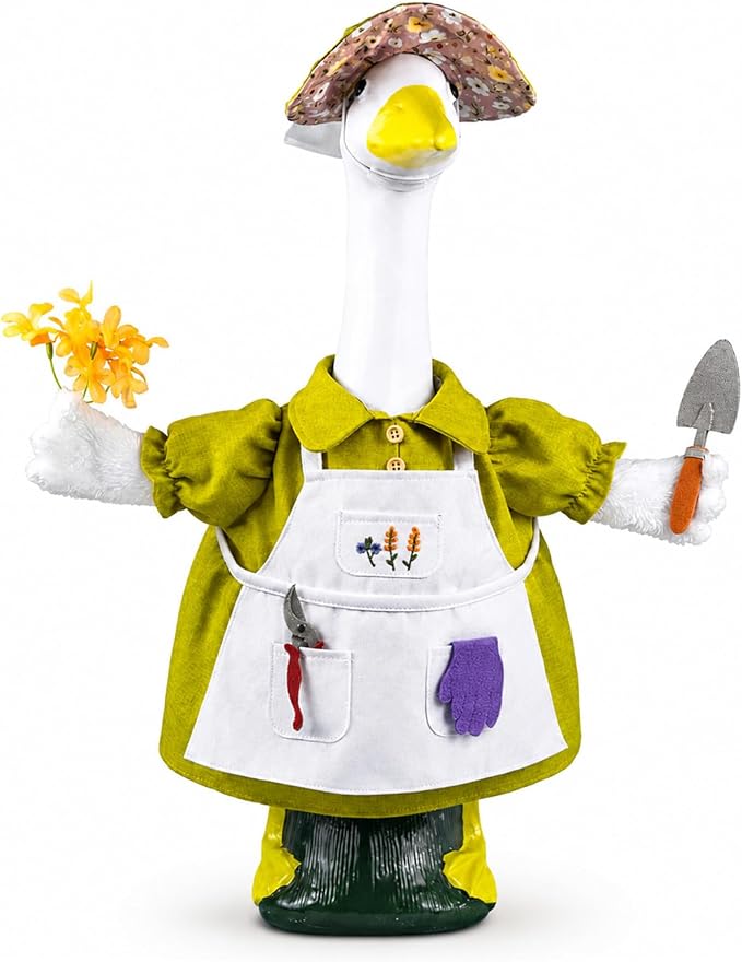 Spring Gardener Porch Goose Outfit for 23 Inch Plastic Cement Goose Statue, Goose Outfit Clothes with Hat, Felt Tools & Flower for Outdoor Garden Yard Patio Art Decor