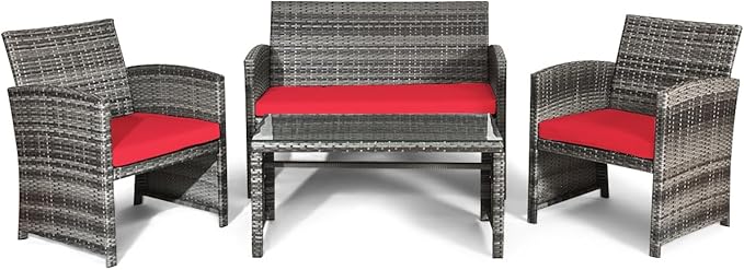 Giantex 4 Pc Patio Conversation Set, Rattan Loveseat & Patio Chairs with Cushioned Seat, Wicker Coffee Table, Outdoor Furniture Set for Front Porch Poolside Garden Lawn