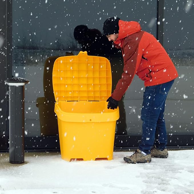 FCMP Outdoor 31-Gallon Salt & Sand Storage Bin, Yellow - Lockable Lid, Weather-Resistant UV-Resistant Plastic, Forklift Pockets, Deck Box for Patio & Garden