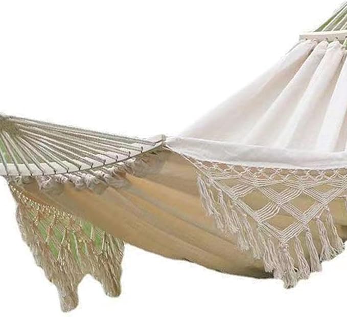 Backyard Hammock with Tassels, Outdoor Garden Hanging Hammock, 500lb Load Bearing, Single Double with Hanging Ropes - Lightweight Foldable Design, Comfortable Breathable Fabric, (White)