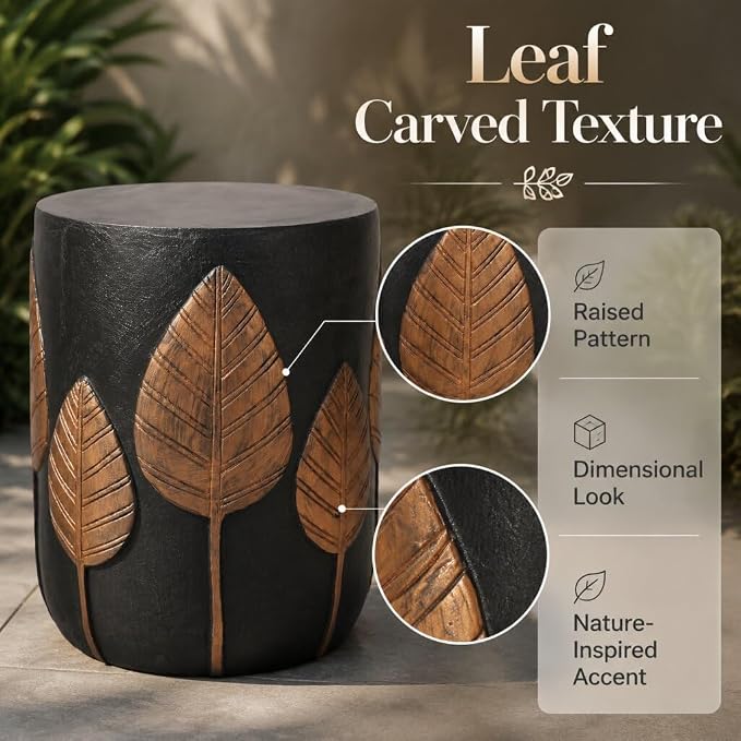 IRONORA Leaf Carved Outdoor Side Table, Black & Copper Round Accent Table, Weather Resistant Patio End Table, 15.3" x 18.5" Decorative Stool Table for Garden, Balcony, Living Room