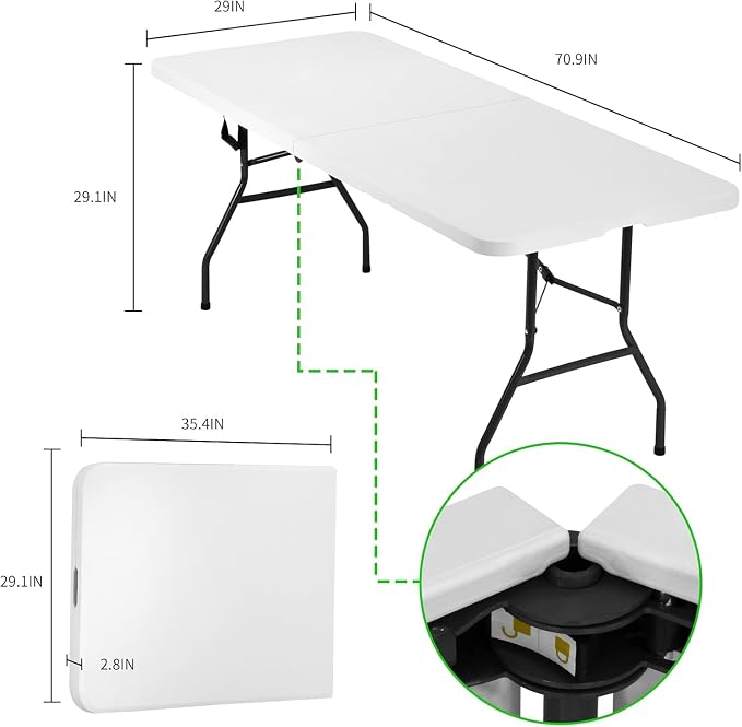 6FT White Folding Table, Portable Collapsible Dinner Table – Indoor/Outdoor Use for Camping, Patio, Yard, Wedding, Party & Cocktail Display, 500LBS (White(6FT))