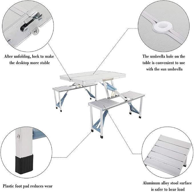 4FT Portable Folding Camping Picnic Table with Seats Chairs and Umbrella Hole, Lightweight Compact Aluminum Outdoor Camping Patio Fold Up Card Suitcase Table with Carry Handle