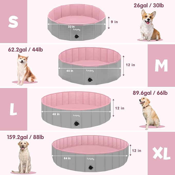 Furrybaby Dog Pool, Kiddie Pool with Hard Plate Collapsible Pet Bath Foldable Swimming Pet Pool Portable Pink 40''