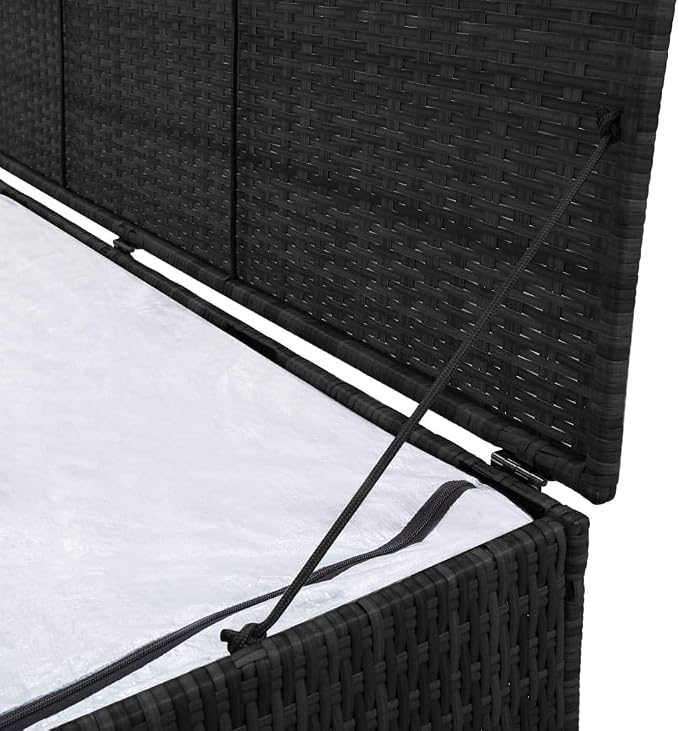 Patio Storage Box with Cushion Bench 59"x19.7"x23.6" Outdoor Waterproof PE Rattan Deck Box for Garden Furniture Cushions Blankets Pillows Heavy Duty Steel Frame Black