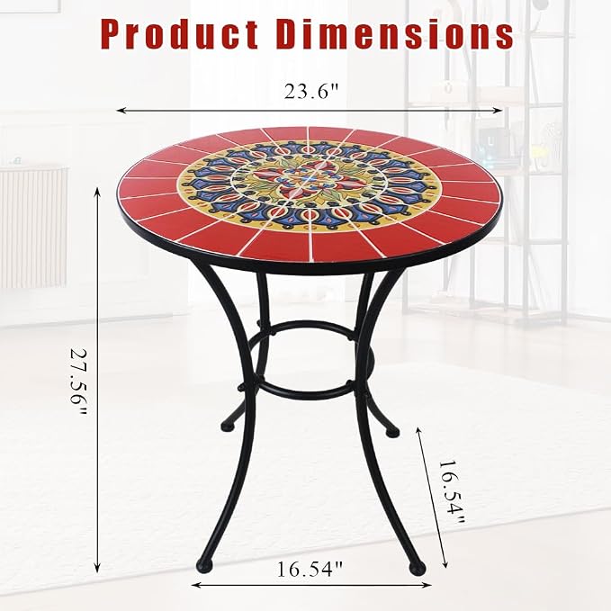 23.6" Outdoor Patio Mosaic Round Table Garden Bistro Accent Table | Ceramic Tile Waterptoof Side End Table Metal Frame Dining Table Furniture for Balcony Backyard Porch Poolside Terrace