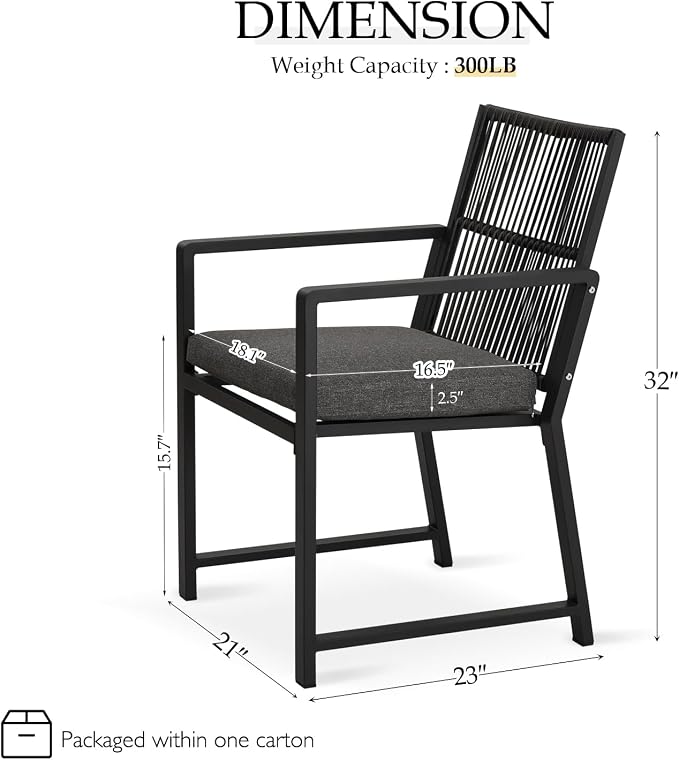 Outdoor Patio Wicker Rattan Dining Chairs, Heavy-Duty Wrought Iron Frame Supports 400lbs, Ergonomic Backrest, Detachable Breathable Cushion, for Garden & Porch, Black, Set of 2