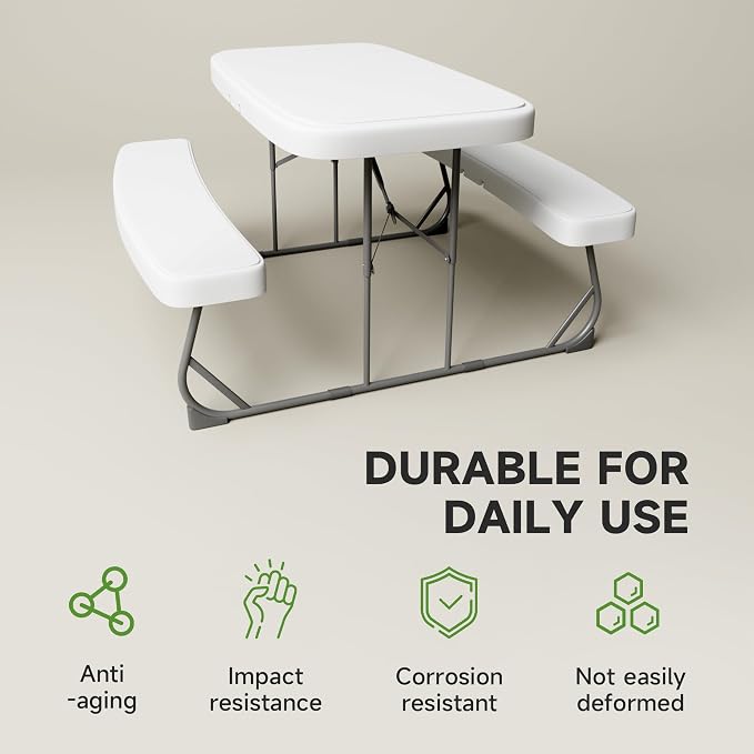 Picnic Table with Benches, Durable All-Weather Steel Frame, Stable & Easy to Clean, Portable Camping Table and Chairs for Outdoor & Indoor Use