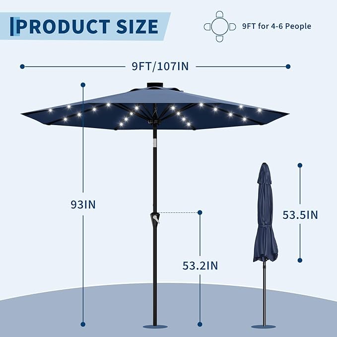 Garvee 9FT Solar Patio Umbrella with 32 LED Lights - Outdoor Table Umbrella with Crank Lift, Push Button Tilt and 8 Sturdy Ribs - Market Umbrella UV Protection for Pool, Deck, Yard, Garden -Navy Blue