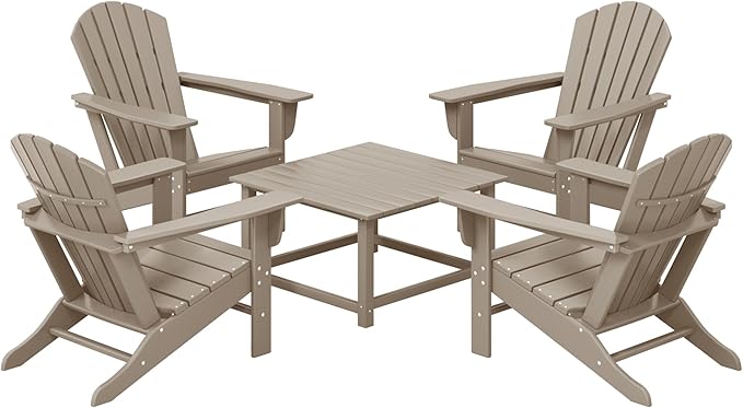 Costaelm Patio Conversation Set, Patio Chairs Set of 5 Balcony Firepit Furniture Outdoor Adirondack Square Table and Chair Backyard Furniture Set for Lawn Porch Pool Garden, Weathered Wood