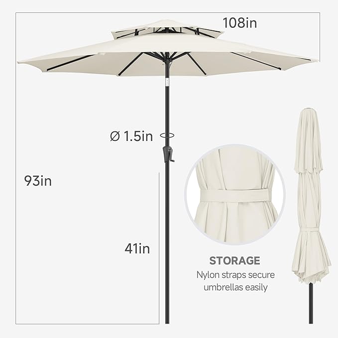 FLAME&SHADE 9ft Patio Umbrella - 2 Tiers Outdoor Umbrella with Push Button Tilt and Crank for UV Protection, Table Market Umbrella for Garden, Deck, Backyard, Pool and Beach(Ivory)