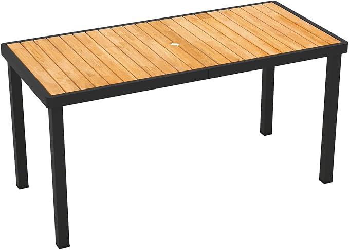 Byroce 58" x 27" Rectangular Acacia Wood Outdoor Dining Table with Umbrella Hole & Black Metal Frame for Patio, Garden & Restaurant, Natural