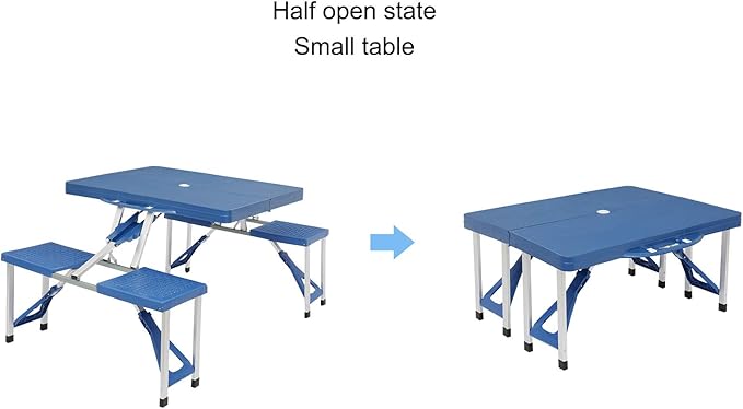 Portable Foldable Camping Picnic Table Set with Four Chairs and Umbrella Hole, 4-Seats Aluminum Fold Up Travel Picnic Table for Indoor, Outdoor Travel, Patio, Lawn, Garden