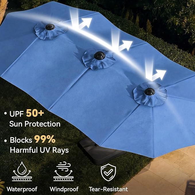 Aoxun 8-Piece Patio Table and Chairs Set & 15ft Patio Umbrella for 6, All Weather Outdoor Dining Set with 6 Textilene Chairs and 1 Rectangular Metal Table for Backyard, Garden, Brown/Blue