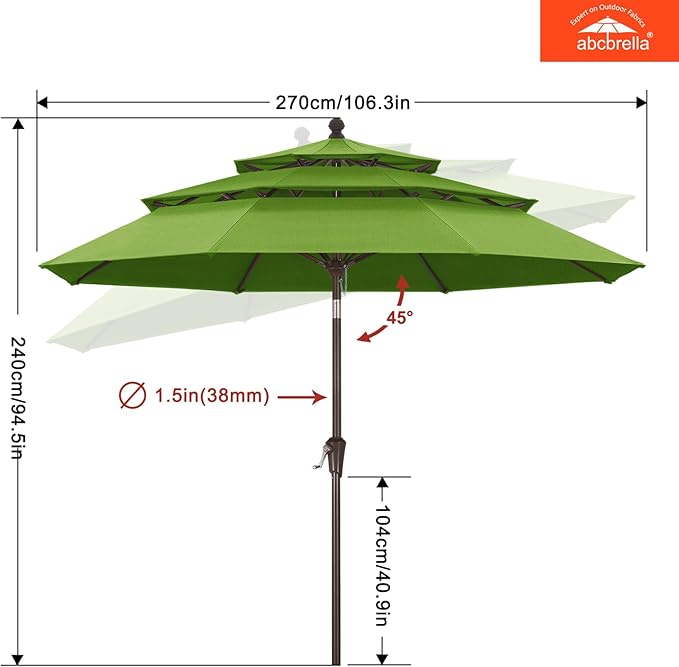 ABCCANOPY 5-Year 10-Year No Fading 9FT 3 Tiers Patio Umbrella, Outdoor Table Umbrella with 8 Sturdy Ribs for Deck, Backyard, Garden, Yard