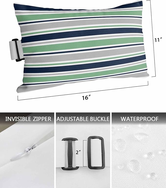 Pack of 2 Outdoor Lumbar Pillow Covers 11x16 Inch, Green Grey Striped Waterproof Throw Pillow Covers Set, Farmhouse Stripes Modern Abstract Art Outside Decorative Cushion Cases for Patio Porch Car