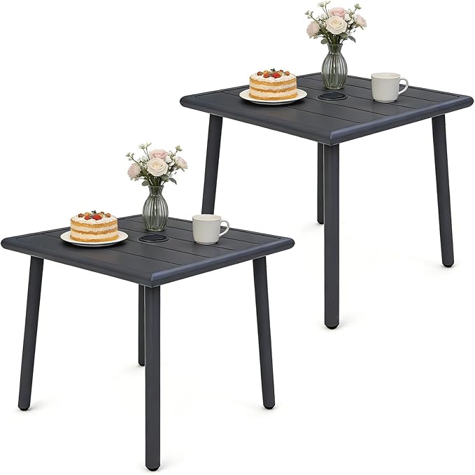 Small Metal Outdoor Side Table with Umbrella Hole Set of 2, Sqaure Patio Coffee Bistro Table End Table, Umbrella Table with Hole for Poolside Yard Porch Deck Balcony,19.7x19.7 inches, Gray