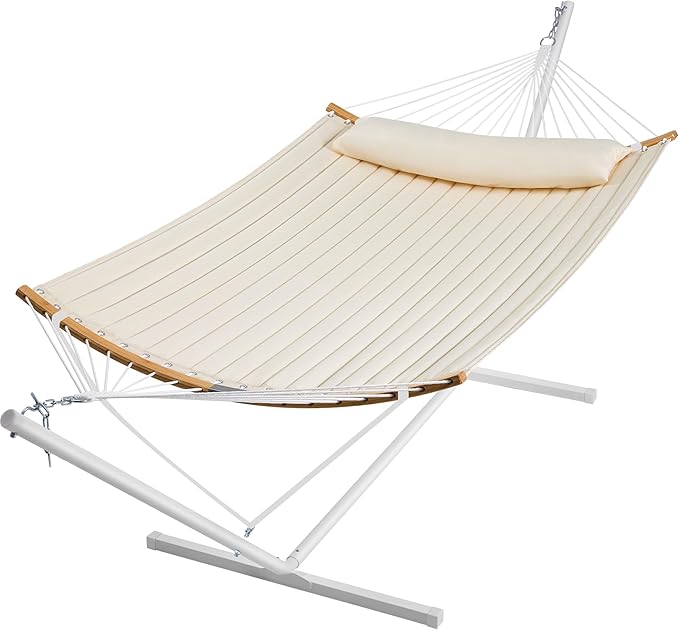 SUPERJARE Hammock with Stand, 2 Person Heavy Duty Hammock with Padded Cotton, Detachable Pillow & Strong Curved-Bar & Portable Carrying Bag, Perfect for Outdoor & Indoor, Beige