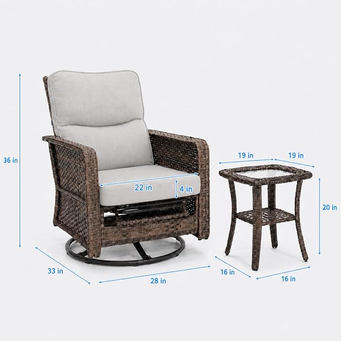 Yechen 3 Piece Outdoor Patio Wicker Chairs with Footrest and Adjustable Backrest, Furniture Set with 2 Swivel Chairs and Side Table, Thickened Seat Cushions for Porch Deck Backyard, Cool Greige