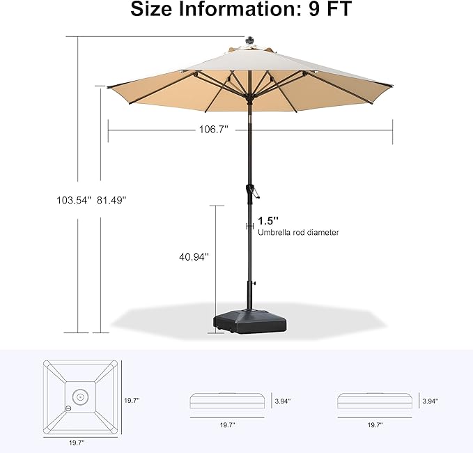 PURPLE LEAF 9' Round Patio Market Umbrella with Base Outdoor Table Umbrellas Aluminum Frame Sun Shade with 8 Sturdy Ribs Tilt for Garden Deck Lawn Pool Beige
