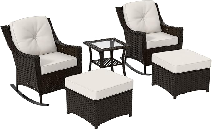 Stone Creek Outdoor Furniture Set with Rocking Chairs, Side Table & Ottomans, Wicker Patio Conversation Set, Balcony Furniture, 5 Piece, Brown/Beige