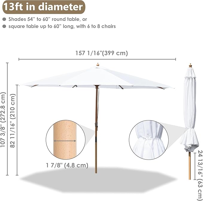 Yescom 13ft Coastal Solid Beech Wood Umbrella Pulley Lift Commercial Base with Wheel Included for Beach Club Seaside Restaurant Terrace Resort Poolside