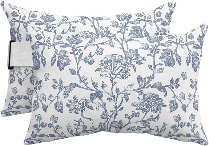 Pack of 4 Outdoor Lumbar Pillow Covers 12x20 Inch, Blue Flower Waterproof Throw Pillow Covers Set, Vintage Farmhouse Boho Leaf Spring Summer Indoor&Outdoor Cushion Cases for Patio Porch Beach