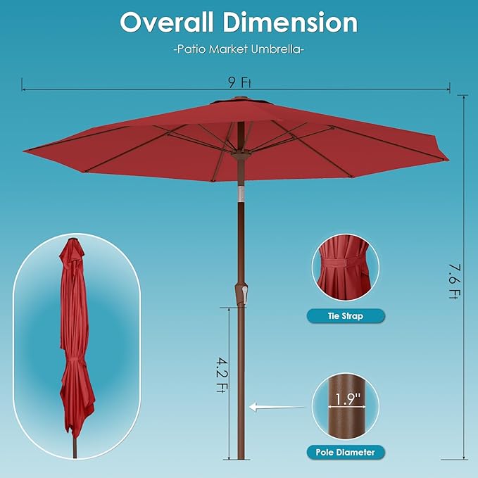 GREENVINES 9-FT-Patio-Umbrella | Outdoor-Table-Umbrellas | 8 Sturdy Fiberglass Ribs | Push Button Tilt & Crank | Waterproof | Market Umbrella | for Pool Backyard Garden Deck | Red