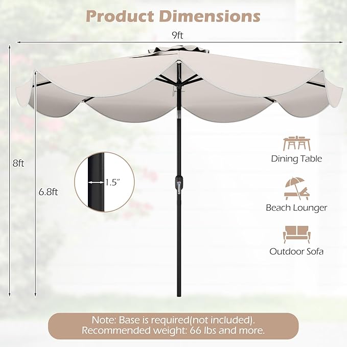 Tangkula 9 FT Solar Patio Umbrella, 2-Tiers Outdoor Scalloped Table Umbrella with 24 LED Lights, Tilt Adjustment, Crank, 8 Ribs for Market Backyard Pool Deck Beach Lawn